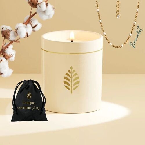 Bougie Bijou Blanche Fabriquée en France - Cire naturelle de colza - Parfum Coton - Bijoux cristaux Swarovski